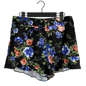 NWT Cute Floral Print Ruffled High Waist Silky Feel Button Zip Up Shorts M Black